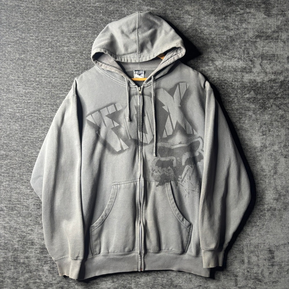 Fox Racing Mens Zip Up Hoodie Large Grey Graphic Sweatshirt Y2K Grunge Skater